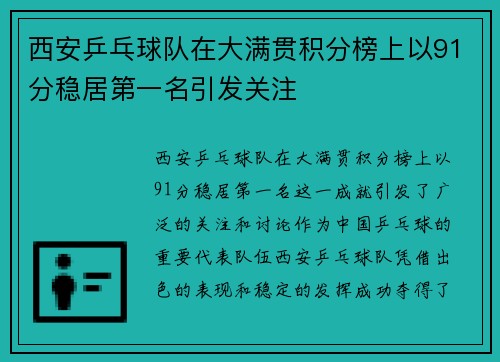 西安乒乓球队在大满贯积分榜上以91分稳居第一名引发关注