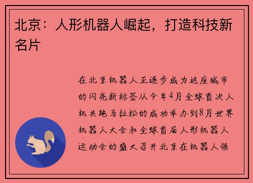 北京：人形机器人崛起，打造科技新名片